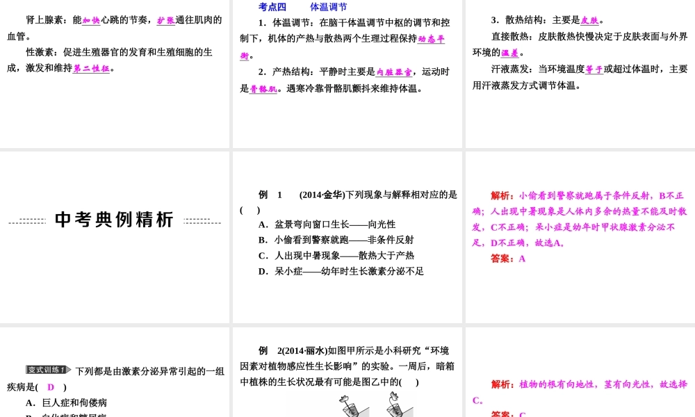 【中考备战策略】2015年中考科学总复习 专题6 生命活动的调节（考点知识梳理+中考典例精析+考点训练）课件 浙教版
