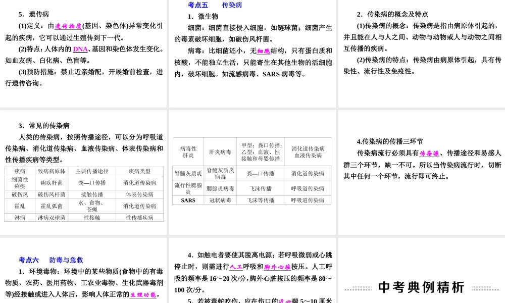【中考备战策略】2015年中考科学总复习 专题10 人、健康与环境（考点知识梳理+中考典例精析+考点训练）课件 浙教版