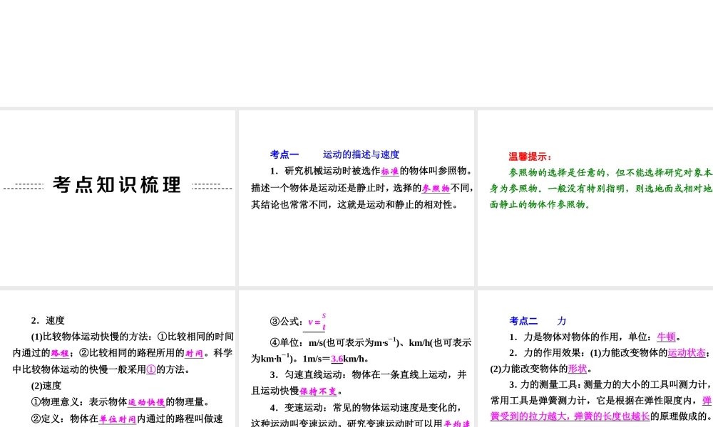 【中考备战策略】2015年中考科学总复习 专题14 运动和力（考点知识梳理+中考典例精析+考点训练）课件 浙教版