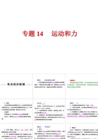 【中考备战策略】2015年中考科学总复习 专题14 运动和力（考点知识梳理+中考典例精析+考点训练）课件 浙教版
