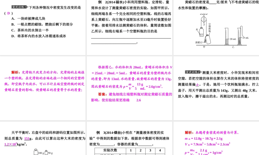 【中考备战策略】2015年中考科学总复习 专题15 物质的密度（考点知识梳理+中考典例精析+考点训练）课件 浙教版