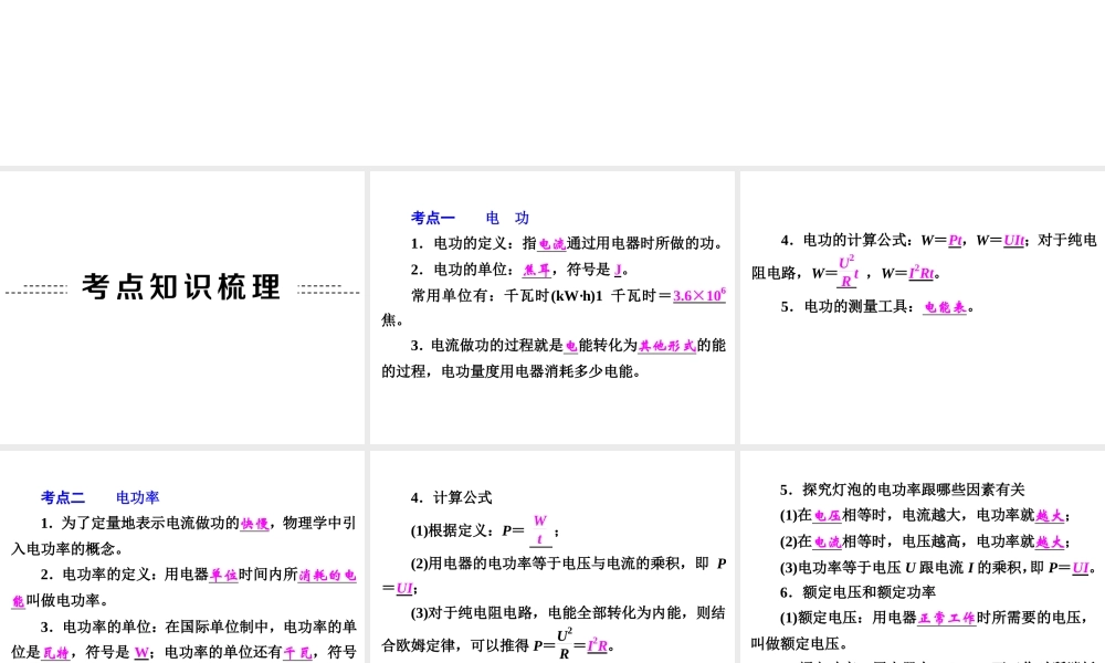 【中考备战策略】2015年中考科学总复习 专题22 电功和电功率（考点知识梳理+中考典例精析+考点训练）课件 浙教版