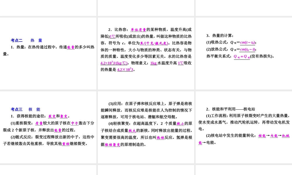 【中考备战策略】2015年中考科学总复习 专题25 内能 热能 核能与能量守恒（考点知识梳理+中考典例精析+考点训练）课件 浙教版