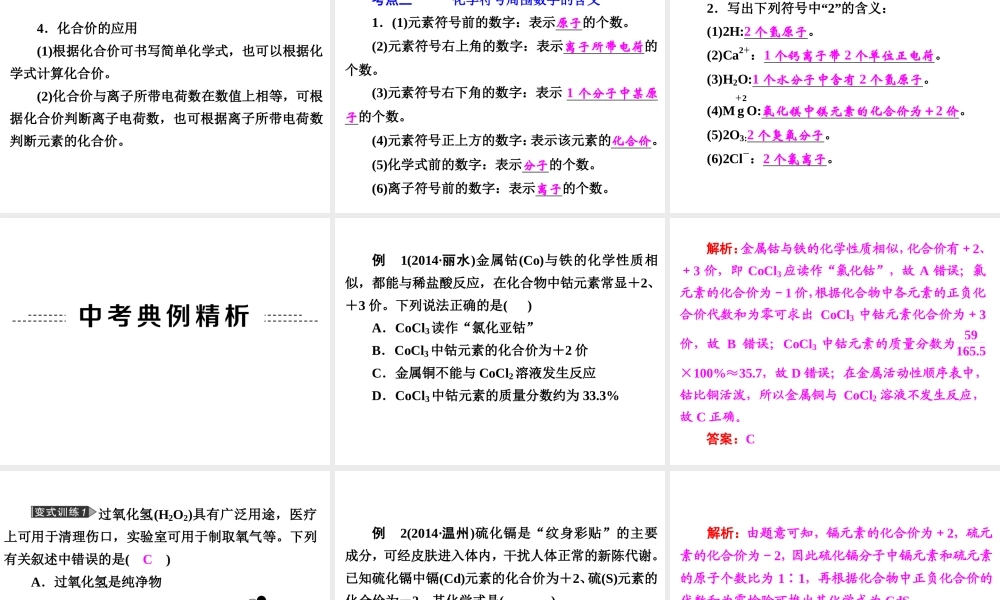 【中考备战策略】2015年中考科学总复习 专题27 化学式和化合价（考点知识梳理+中考典例精析+考点训练）课件 浙教版