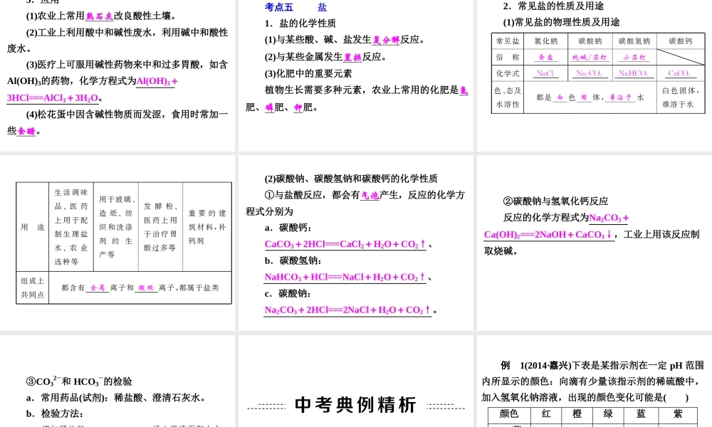 【中考备战策略】2015年中考科学总复习 专题36 常见的化合物二（考点知识梳理+中考典例精析+考点训练）课件 浙教版