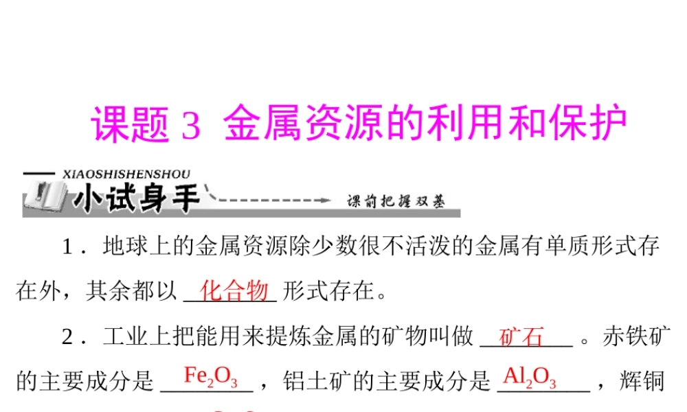 【优化课堂】2012年九年级化学 第八单元 课题3 金属资源的利用和保护