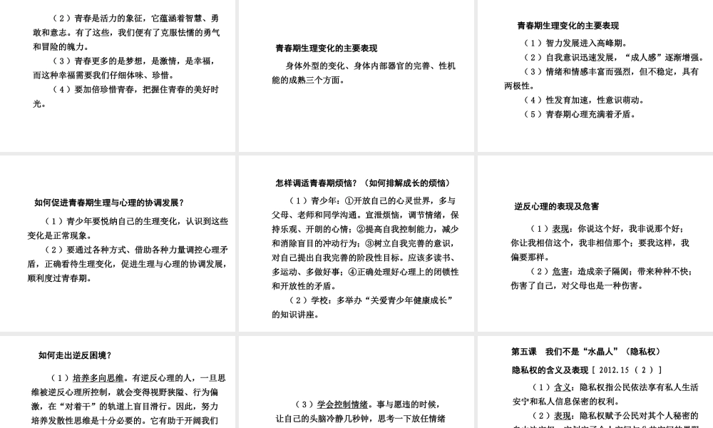 【中考面对面】安徽省2015届中考政治总复习 第一部分 教材知识梳理 八上 第二单元 青春自画像课件 人民版