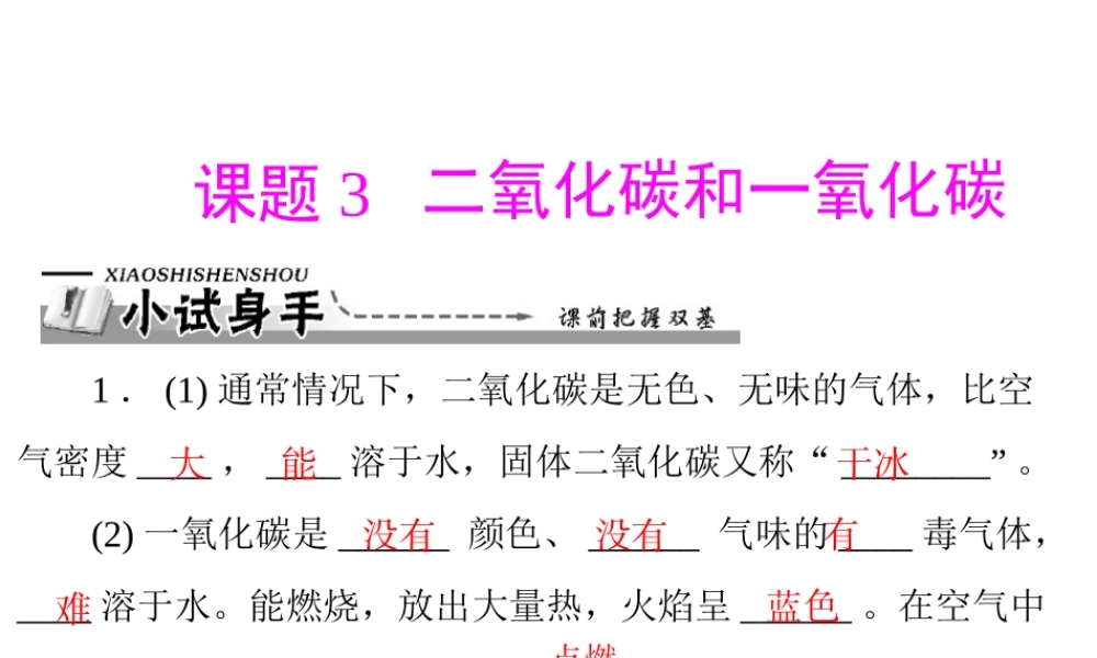 【优化课堂】2012年九年级化学 第六单元 课题3 二氧化碳和一氧化碳