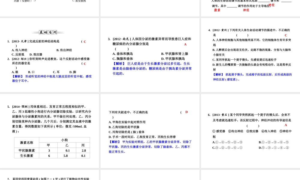 【全效学习 中考学练测】2014中考科学总复习 第7课时 生命活动的调节（考点管理+归类探究+易错警示+限时集训）课件 新人教版