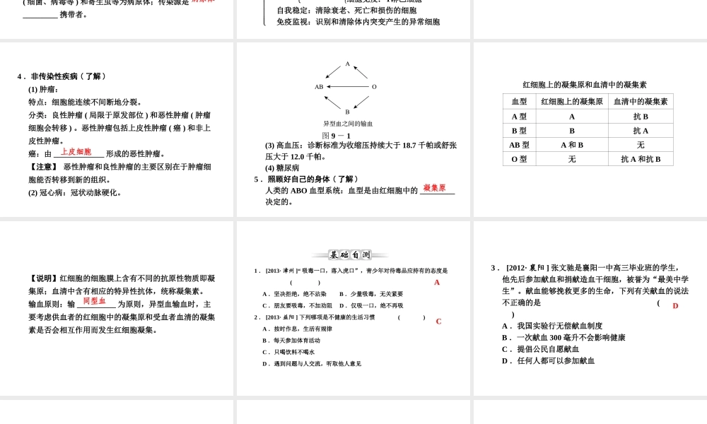 【全效学习 中考学练测】2014中考科学总复习 第9课时 人的健康与环境（考点管理+归类探究+易错警示+限时集训）课件 新人教版