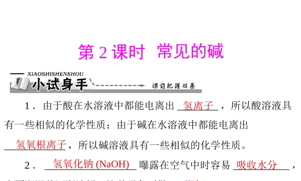 【优化课堂】2012年九年级化学 第十单元 课题1 第2课时 常见的碱