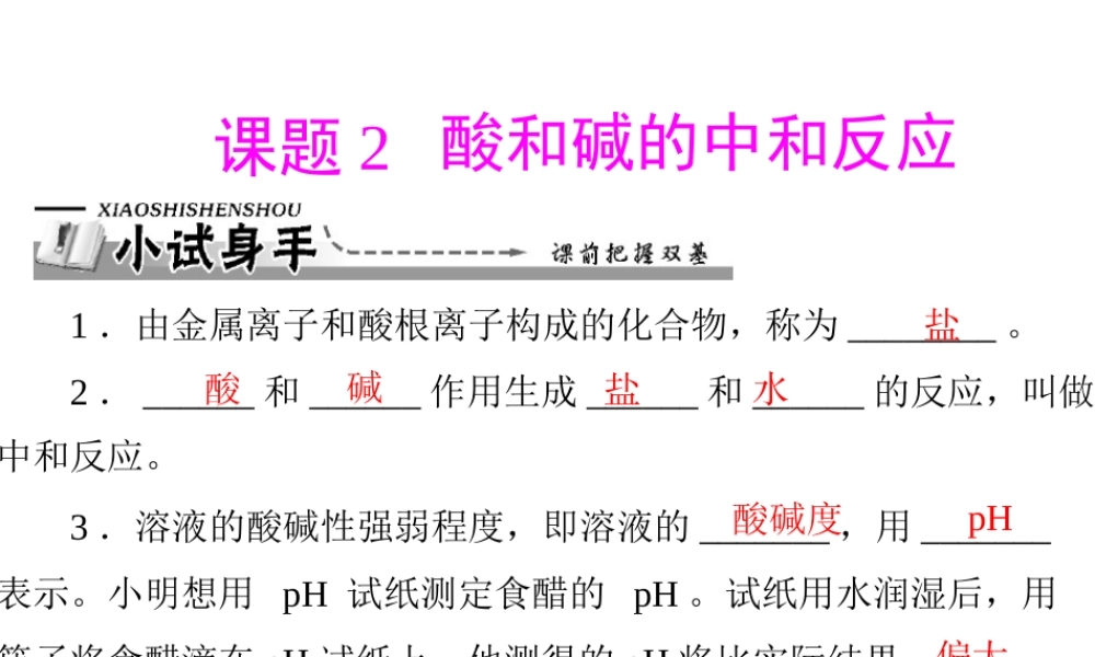 【优化课堂】2012年九年级化学 第十单元 课题2 酸和碱的中和反应