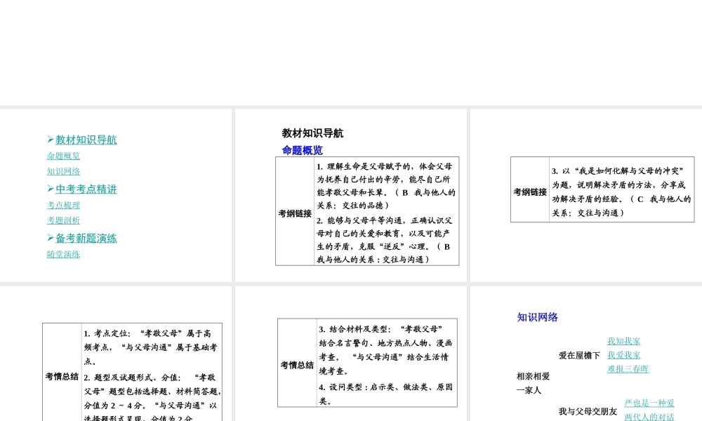 【中考面对面】安徽省2015届中考政治总复习 第一部分 教材知识梳理 八上 第一单元 相亲相爱一家人课件 新人教版