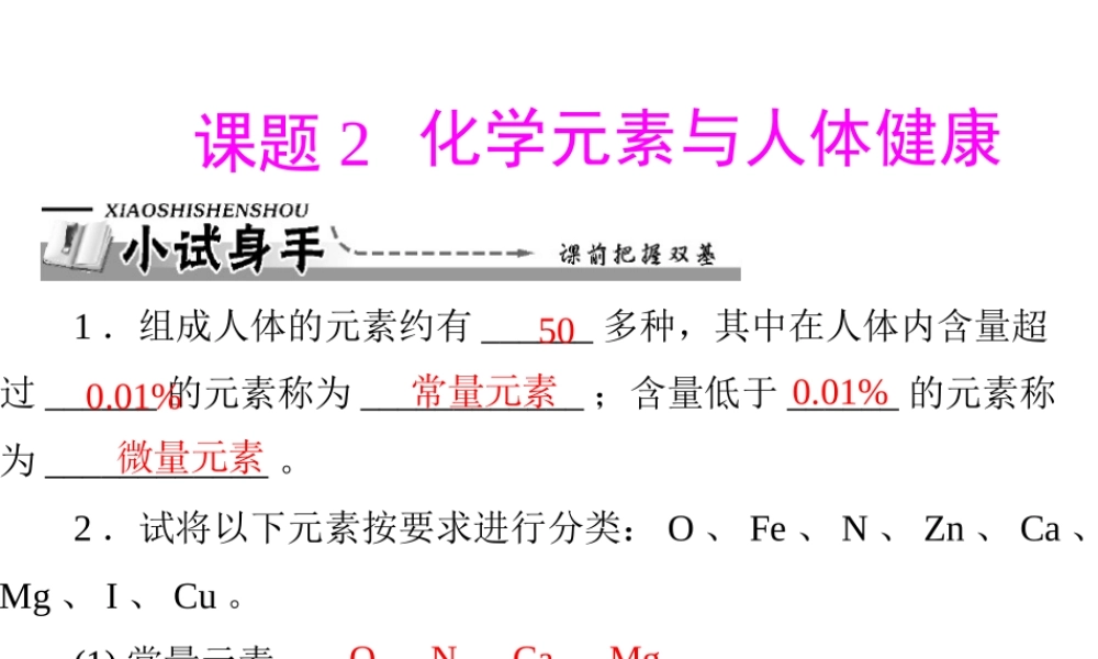【优化课堂】2012年九年级化学 第十二单元 课题2 化学元素与人体健康