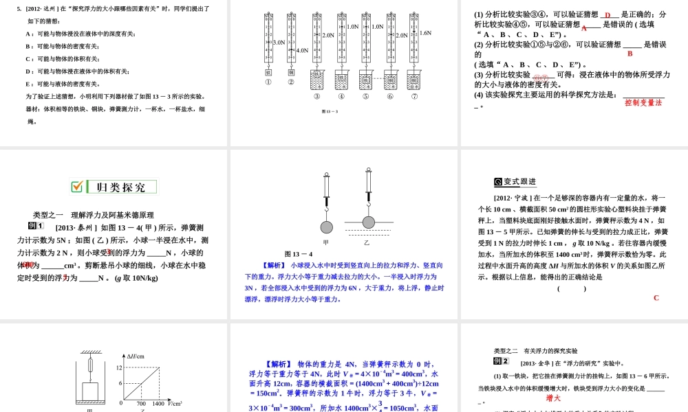 【全效学习 中考学练测】2014中考科学总复习 第13课时 浮力（考点管理+归类探究+易错警示+限时集训）课件 新人教版