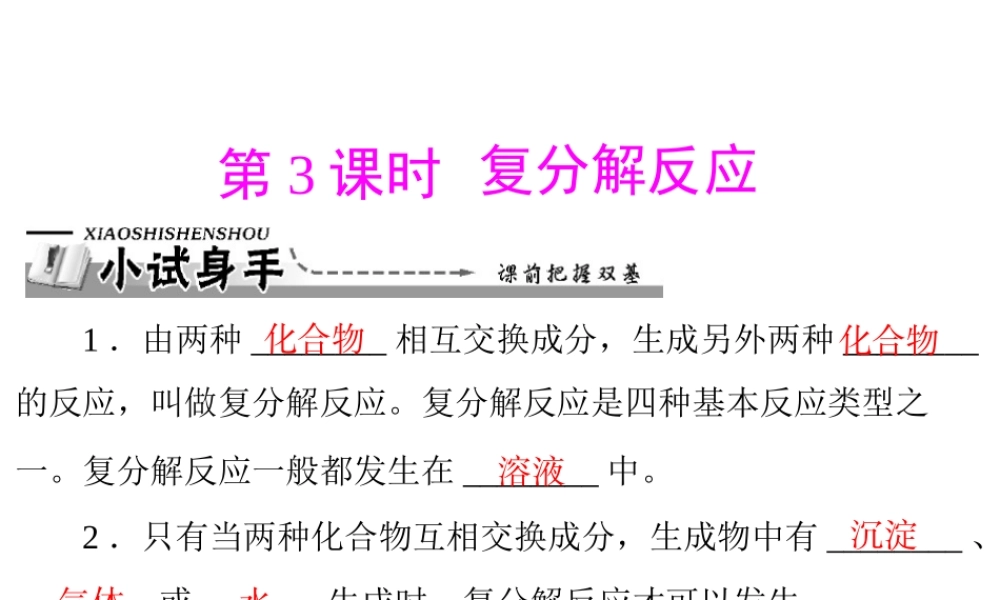 【优化课堂】2012年九年级化学 第十一单元 课题1 第3课时 复分解反应