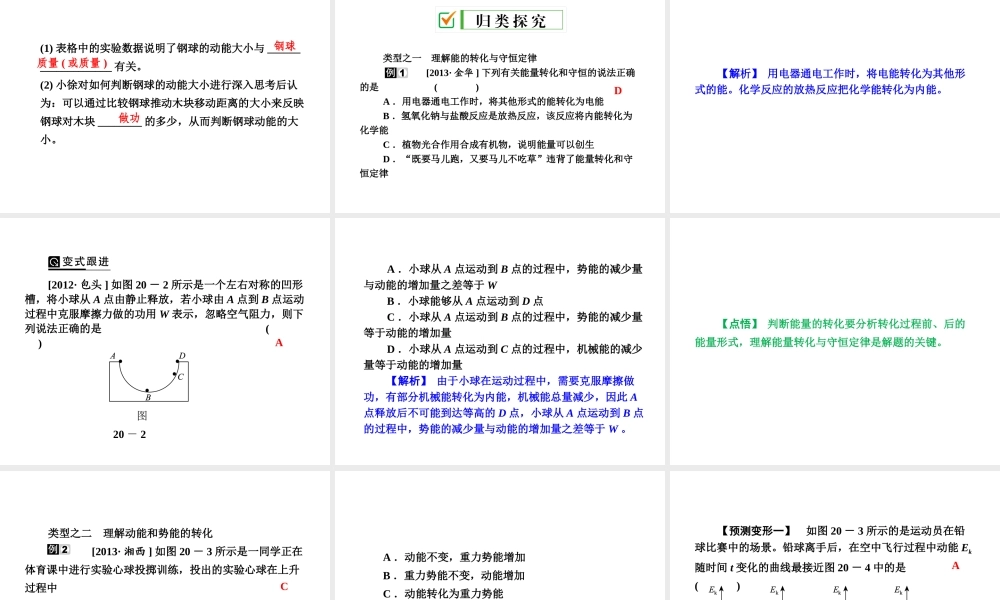 【全效学习 中考学练测】2014中考科学总复习 第20课时 能的转化和守恒（考点管理+归类探究+易错警示+限时集训）课件 新人教版