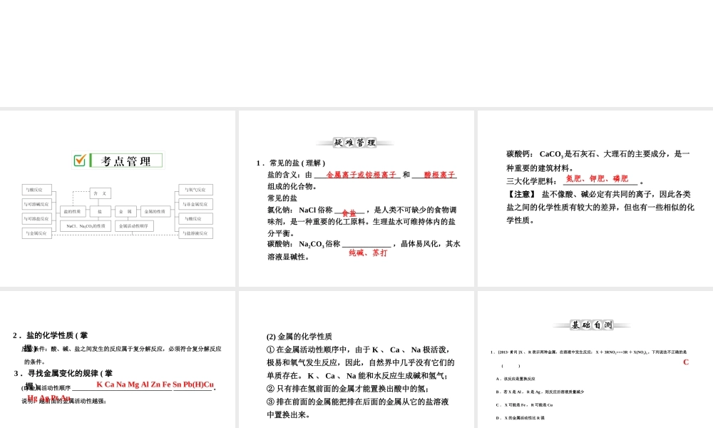 【全效学习 中考学练测】2014中考科学总复习 第26课时 盐与金属（考点管理+归类探究+易错警示+限时集训）课件 新人教版