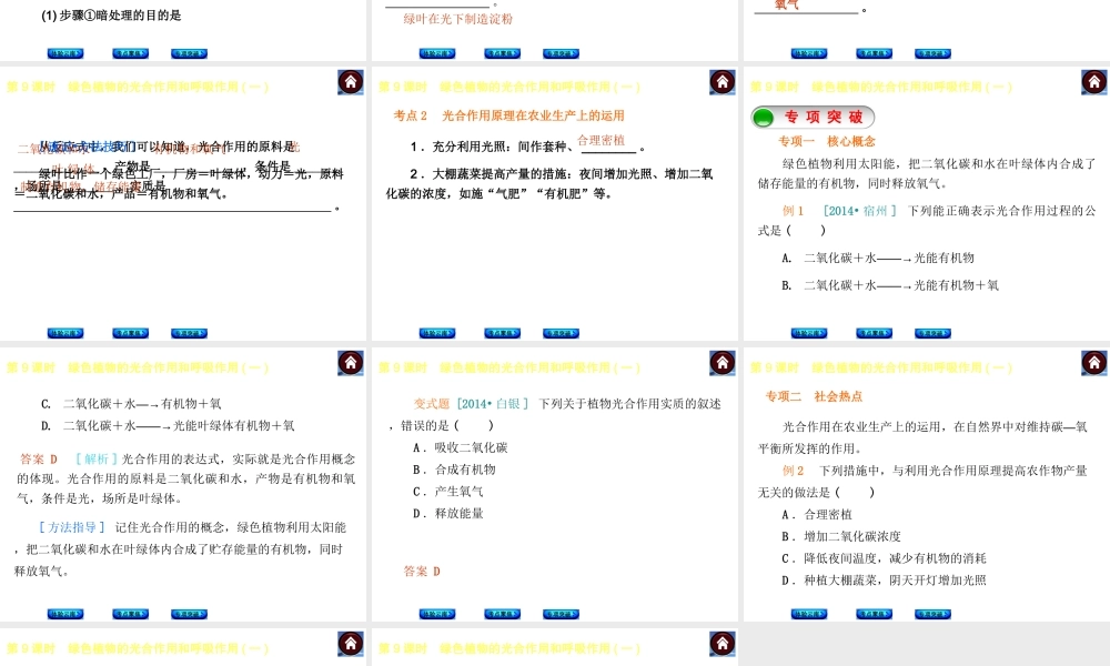 【中考复习方案】（云南）2015中考生物总复习 第9课时 绿色植物的光合作用和呼吸作用一课件（体验云南+考点聚焦+专项突破）