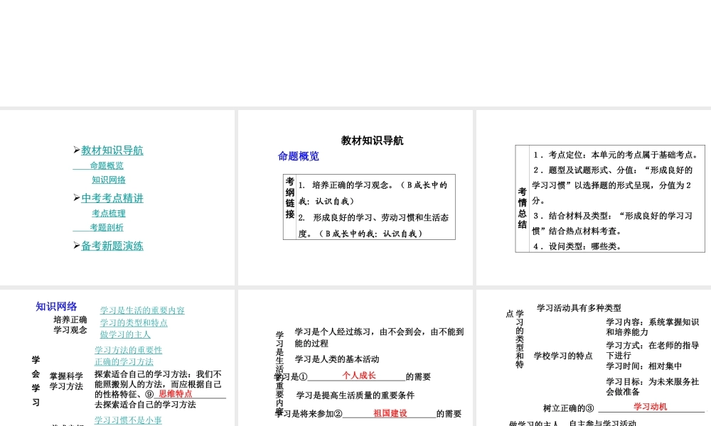 【中考面对面】安徽省2015届中考政治总复习 第一部分 教材知识梳理 七上 第四单元 学会学习课件 粤教版