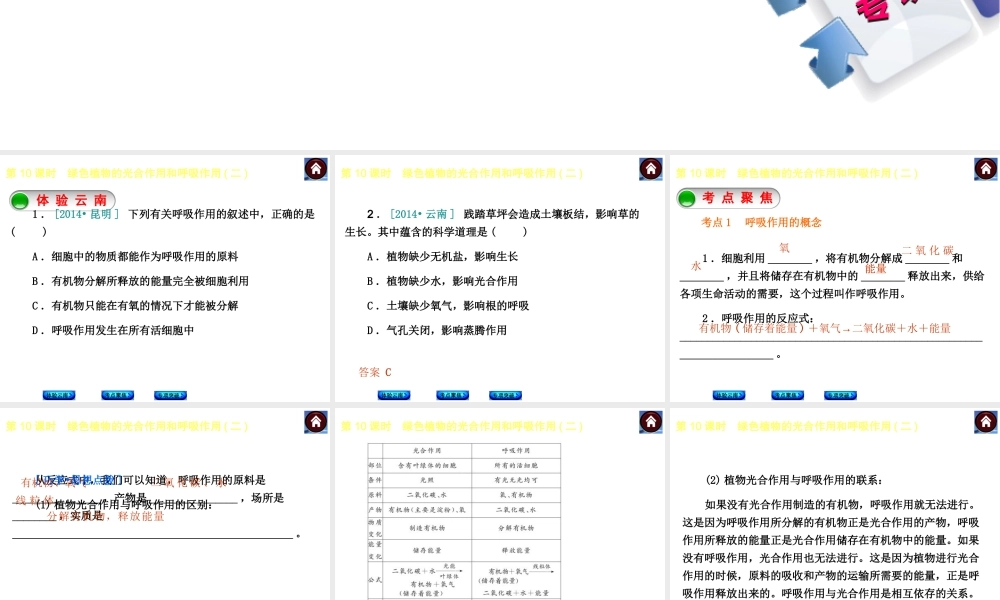 【中考复习方案】（云南）2015中考生物总复习 第10课时 绿色植物的光合作用和呼吸作用二课件（体验云南+考点聚焦+专项突破）