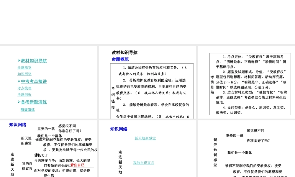【中考面对面】安徽省2015届中考政治总复习 第一部分 教材知识梳理 七上 第一单元 走进新天地课件 人民版