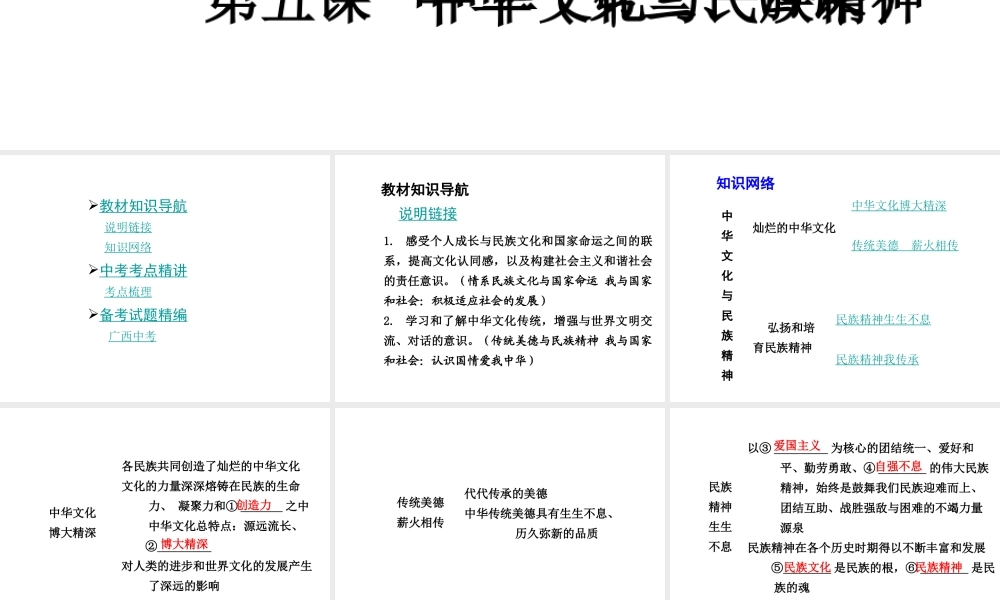 【中考面对面】广西2015届中考政治总复习 第一部分 教材知识梳理 九年级 第二单元 第五课 中华文化与民族精神课件（教材知识导航+中考考点精讲+备考试题精编） 新人教版