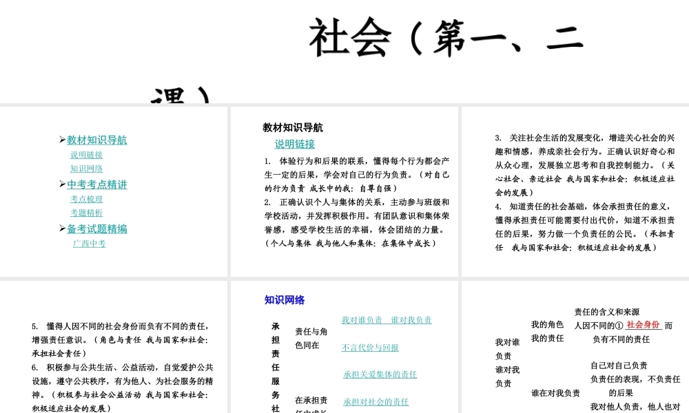 【中考面对面】广西2015届中考政治总复习 第一部分 教材知识梳理 九年级 第一单元 承担责任服务社会课件（教材知识导航+中考考点精讲+备考试题精编） 新人教版