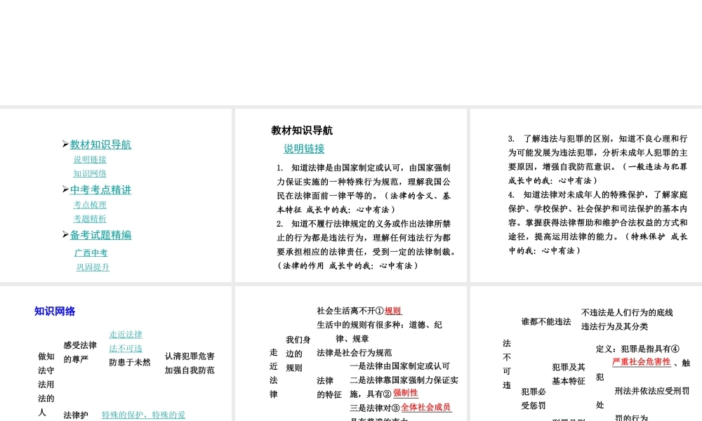 【中考面对面】广西2015届中考政治总复习 第一部分 教材知识梳理 七年级 第四单元 做知法守法用法的人课件（教材知识导航+中考考点精讲+备考试题精编） 新人教版