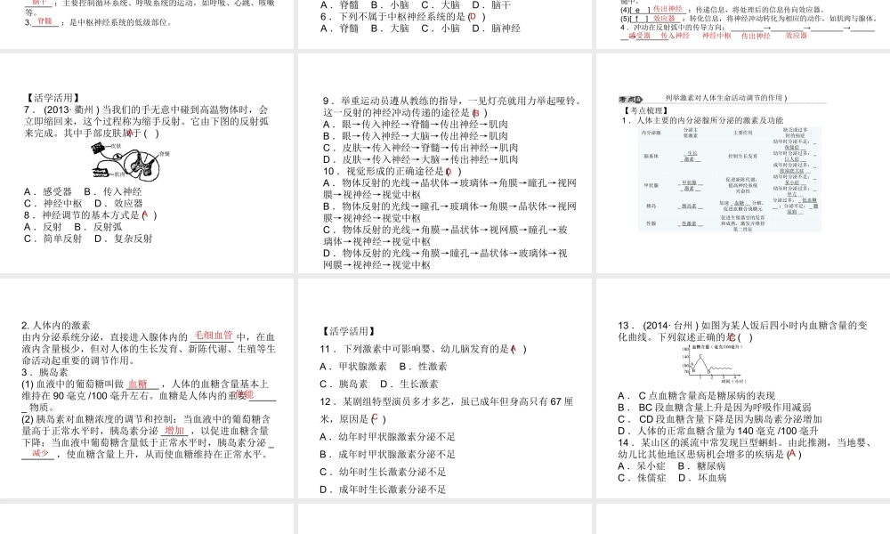 【中考试题研究】2015中考科学总复习 第7讲 生命活动的调节课件 浙教版