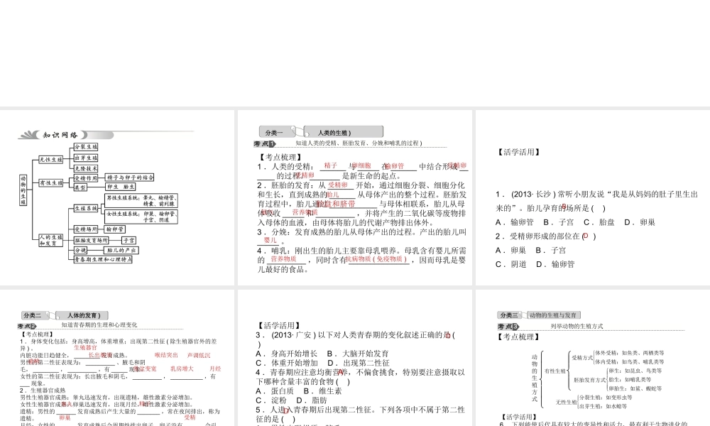 【中考试题研究】2015中考科学总复习 第9讲 人类和动物的生殖与发育课件 浙教版