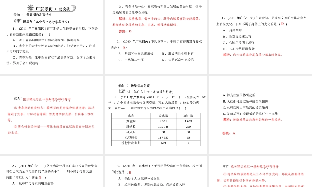 《金牌学案 风向标》广东省中考生物总复习 第一部分 第九章 健康地生活课件 人教新课标版