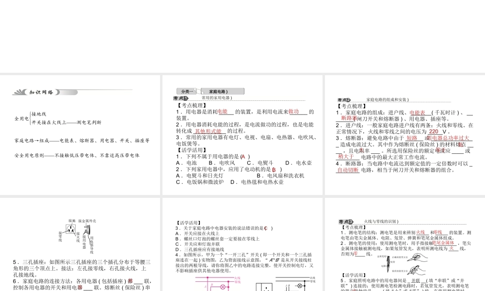 【中考试题研究】2015中考科学总复习 第25讲 家庭电路课件 浙教版