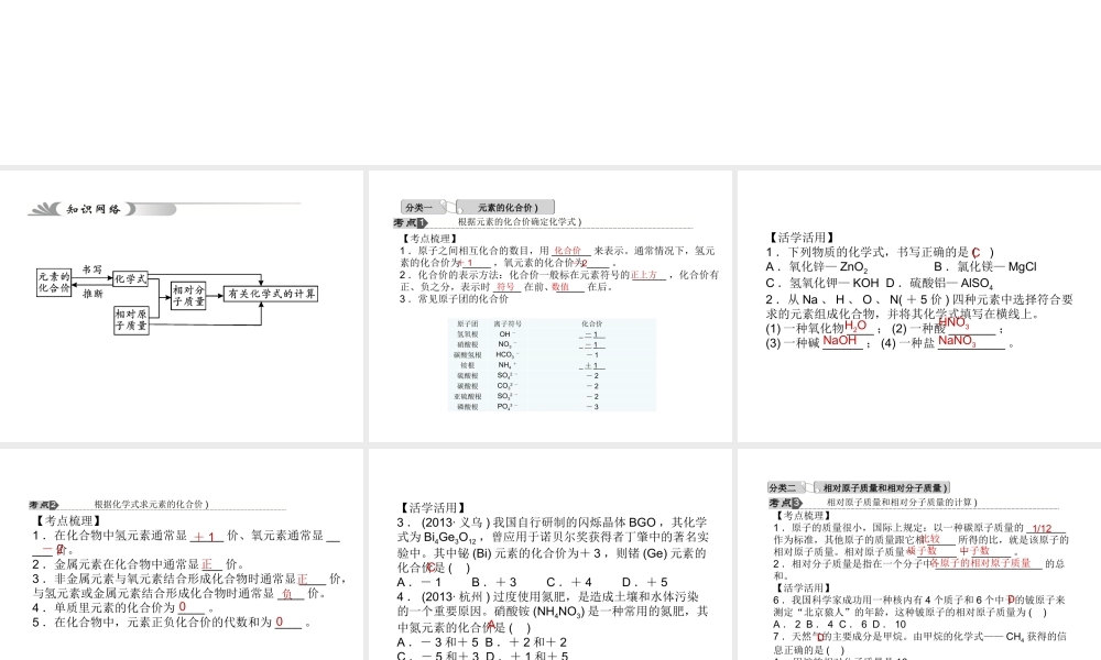 【中考试题研究】2015中考科学总复习 第28讲 化合价与化学式课件 浙教版