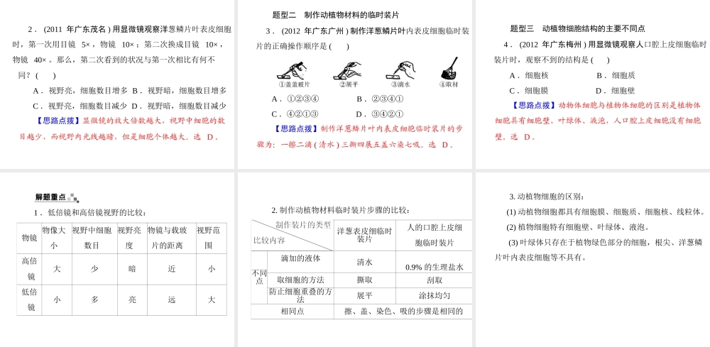 【中考风向标】2013年中考生物复习 显微镜和细胞课件