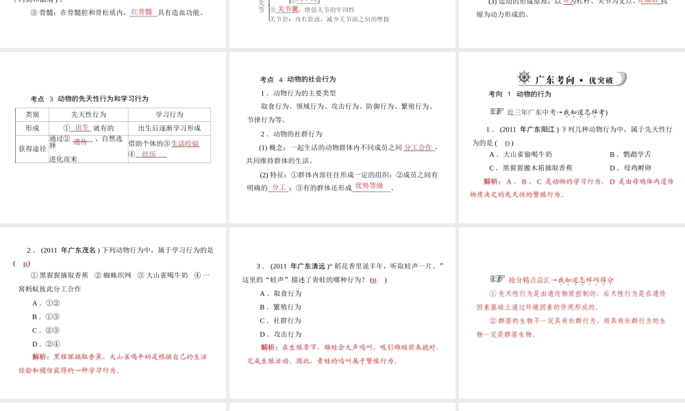 《金牌学案 风向标》广东省中考生物总复习 第一部分 第五章 动物的运动和行为课件 人教新课标版