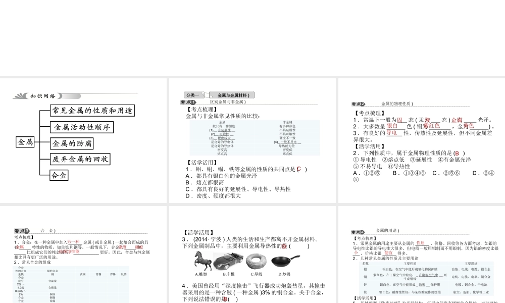 【中考试题研究】2015中考科学总复习 第34讲 金属课件 浙教版