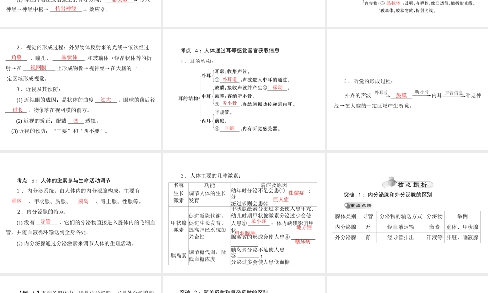 【中考风向标】2015年中考生物基础复习 第四章 第四讲 人体的生命活动调节课件