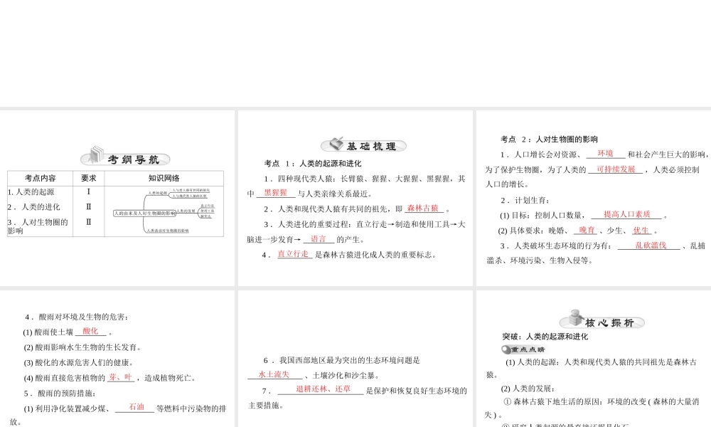 【中考风向标】2015年中考生物基础复习 第四章 第五讲 人的由来及人对生物圈的影响课件