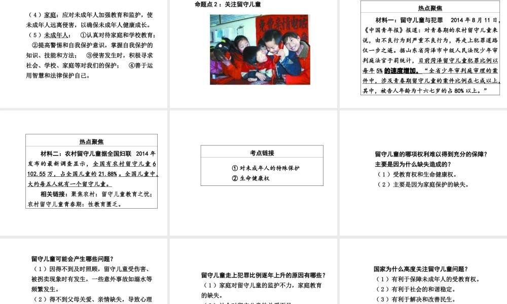 【中考面对面】广西2015届中考政治总复习 第二部分 热点专题攻略 专题十 关注未成年人健康成长课件（热点命题解读+热点新题预测） 新人教版