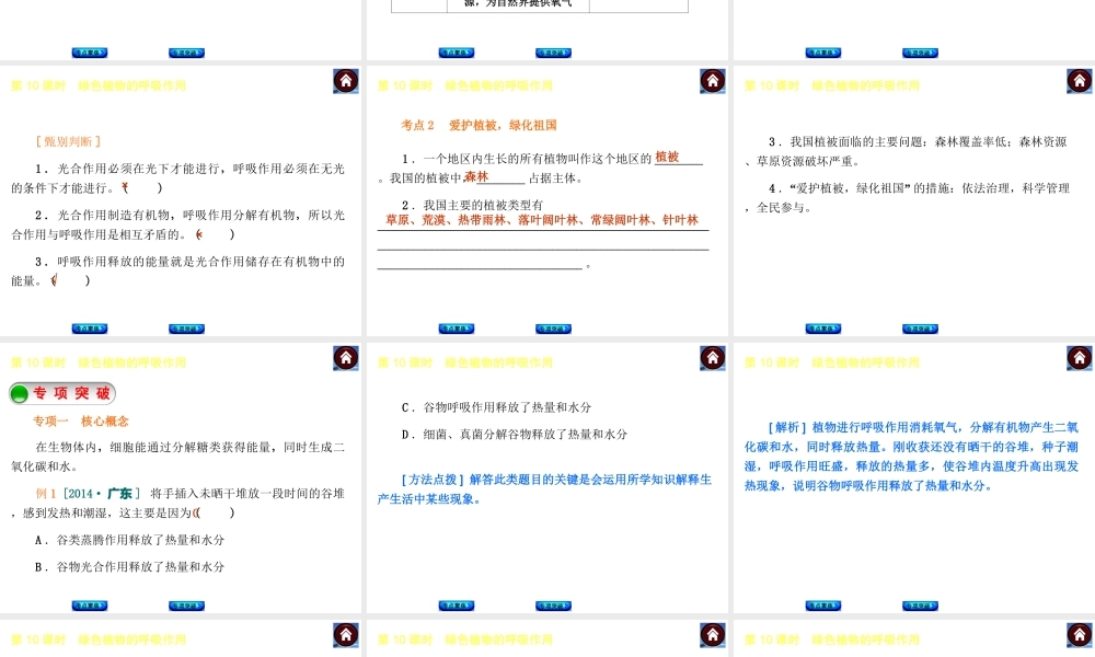 【中考复习方案】2015中考生物总复习 第10课时 绿色植物的呼吸作用课件（考点聚焦+归类探究+回归教材）