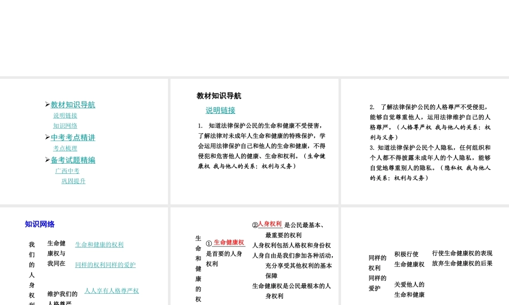 【中考面对面】广西2015届中考政治总复习 第一部分 教材知识梳理 八下 第二单元 我们的人身权利课件（教材知识导航+中考考点精讲+备考试题精编） 新人教版