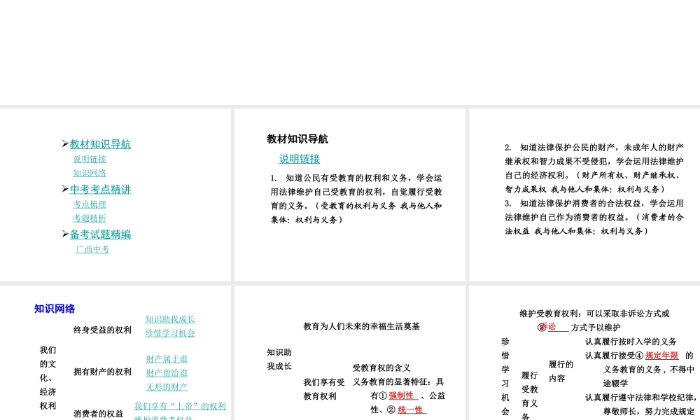 【中考面对面】广西2015届中考政治总复习 第一部分 教材知识梳理 八下 第三单元 我们的文化、经济权利课件（教材知识导航+中考考点精讲+备考试题精编） 新人教版