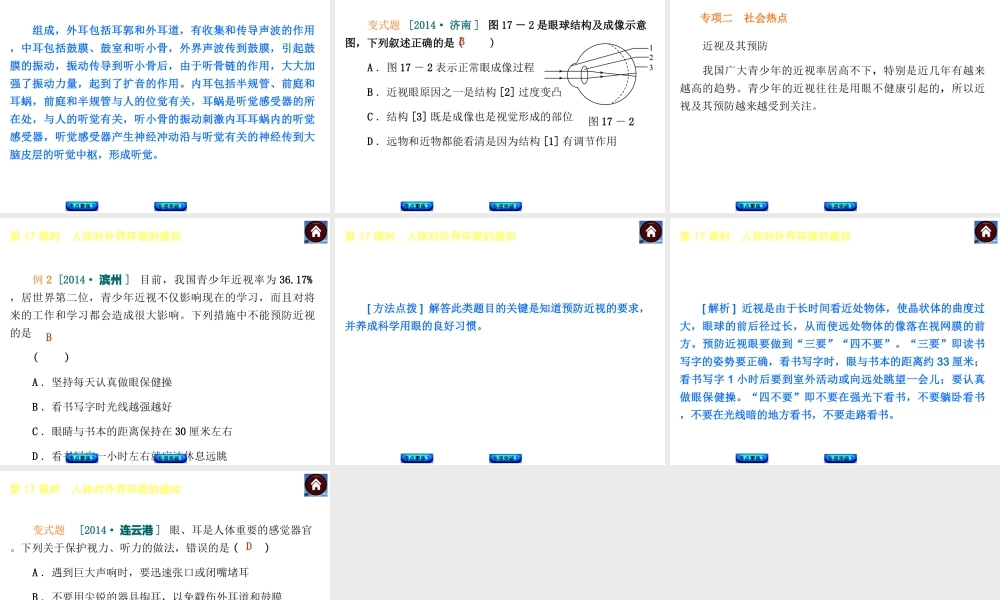 【中考复习方案】2015中考生物总复习 第17课时 人体对外界环境的感知课件（考点聚焦+归类探究+回归教材）