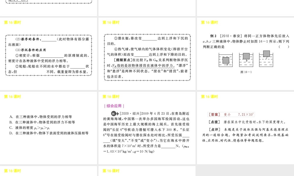 《中考复习方案》九年级科学 第16课时浮力课件 浙教版