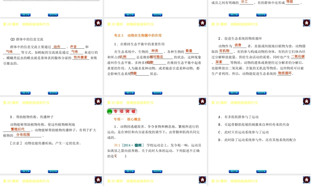 【中考复习方案】2015中考生物总复习 第20课时 动物的运动和行为课件（考点聚焦+归类探究+回归教材）