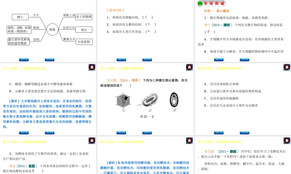 【中考复习方案】2015中考生物总复习 第21课时 生物圈中的微生物课件（考点聚焦+归类探究+回归教材）