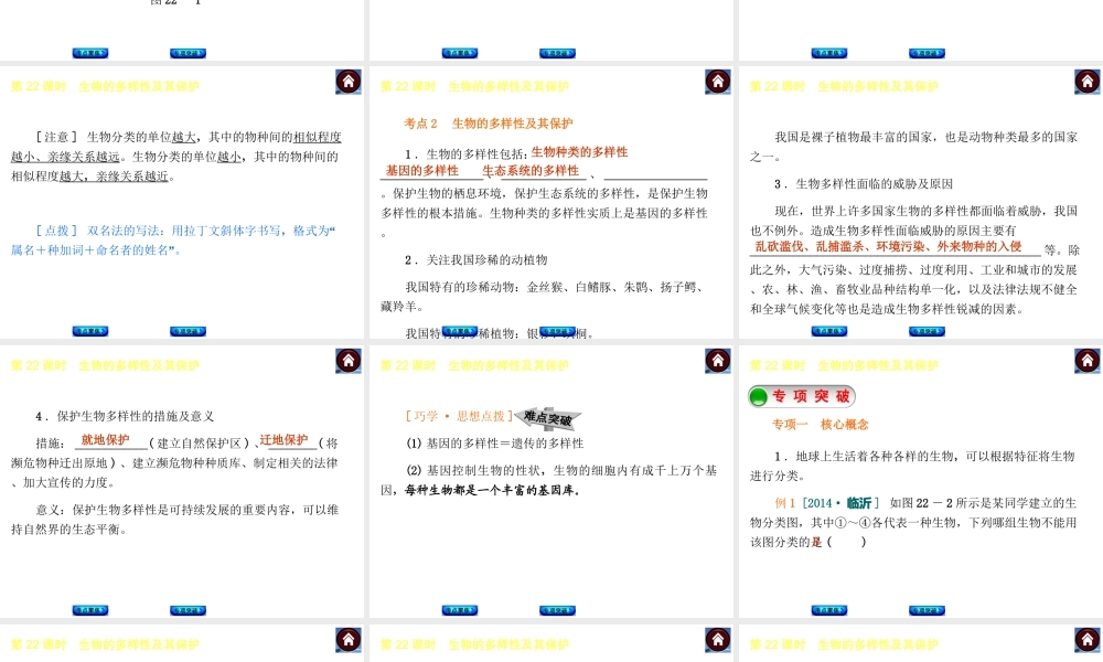 【中考复习方案】2015中考生物总复习 第22课时 生物的多样性及其保护课件（考点聚焦+归类探究+回归教材）
