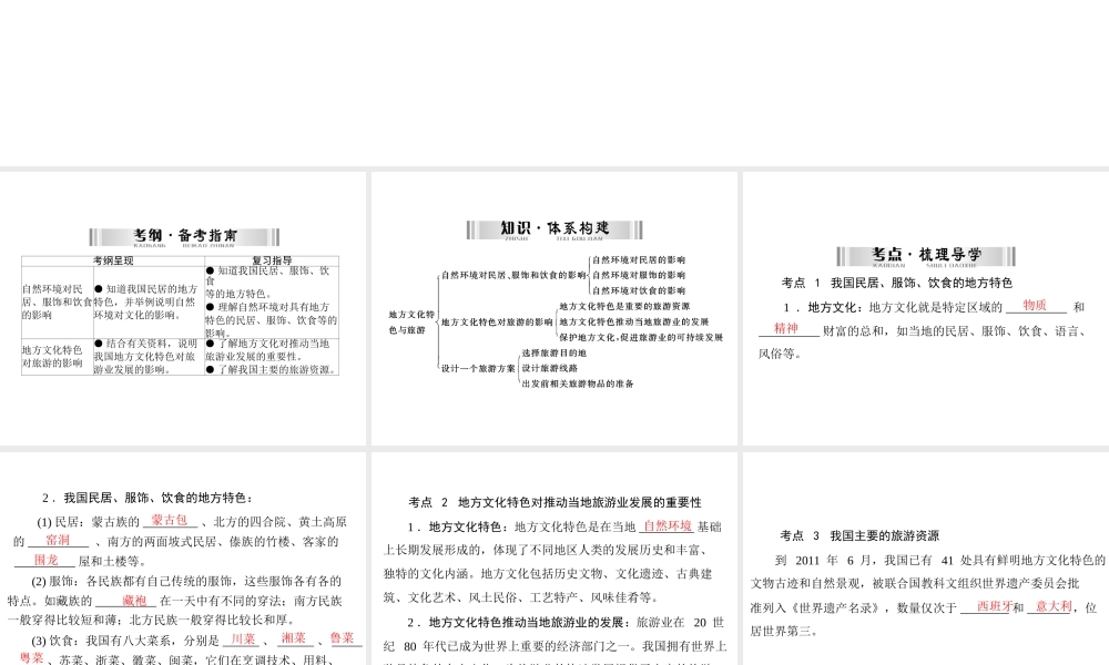 【南方新中考】（梅州）2015中考地理 第二部分 专题六 地方文化特色与旅游复习课件
