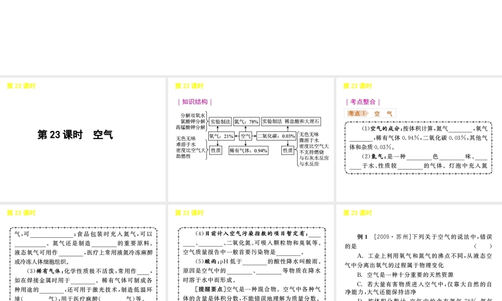 《中考复习方案》九年级科学 第23课时空气课件 浙教版
